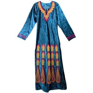 Willow Ridge Maxi Dress Womens 14 Embroidered Teal‎ Velvet Kaftan Boho Long Slv